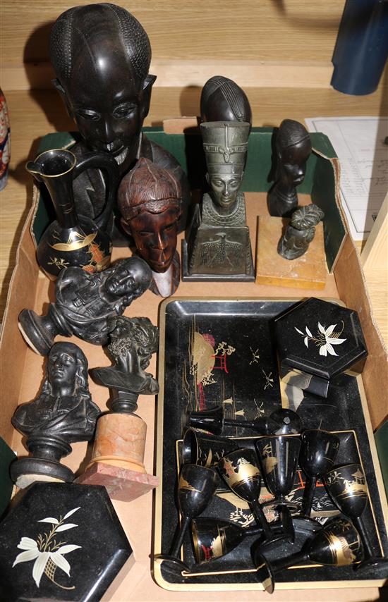 A bronze and marble classical helmet paperweight, assorted soft metal and hardwood busts and sundries